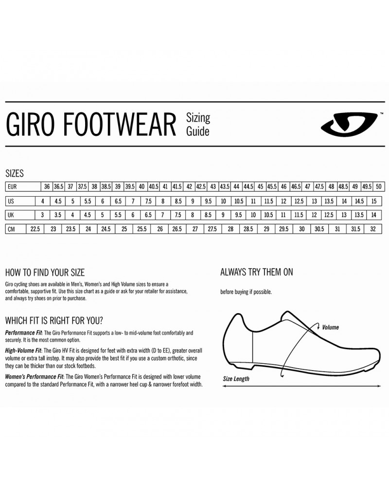 giro cycling shoe size chart