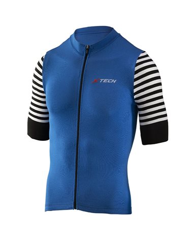 XTech Stripe Men's Cycling Full Zip Short Sleeve Jersey, Blue